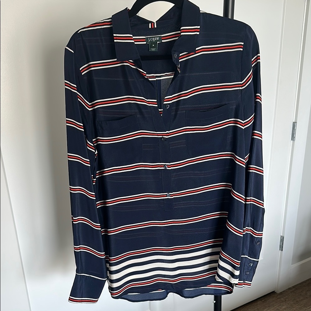 J. Crew Silk Navy Blouse with Red and White Stripes